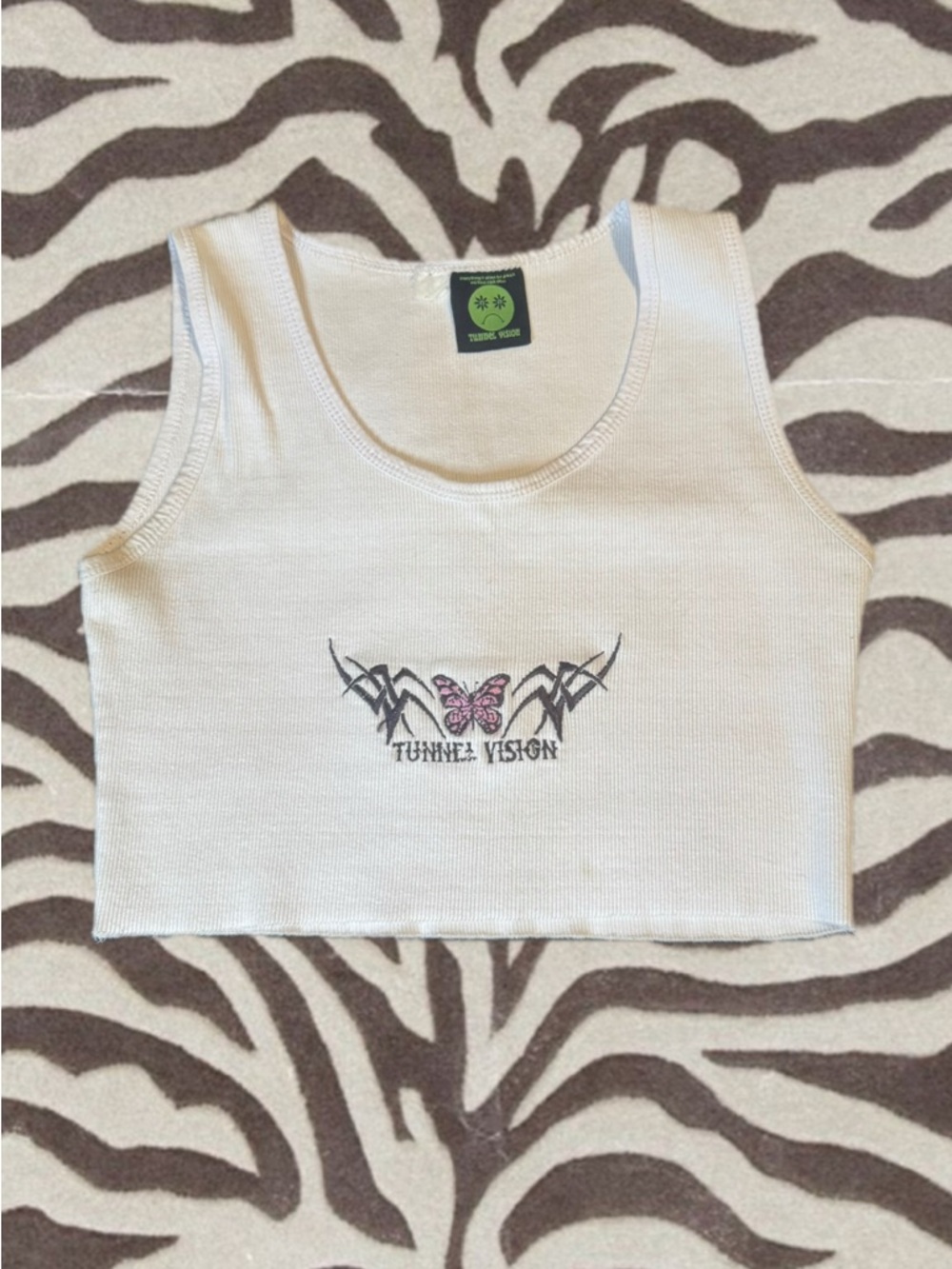 Tunnel Vision White Ribbed Butterfly Crop Tank
